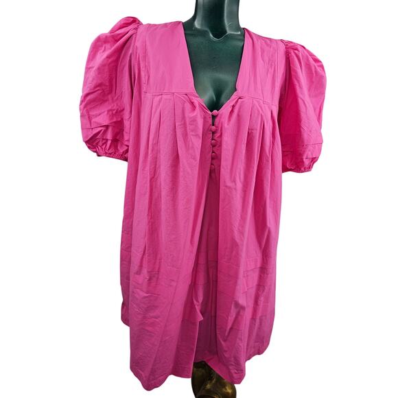 Karlie Hot Pink Oversize Puff Sleeves A Line Mini Dress Babydoll Women's M 2717 - Picture 1 of 8